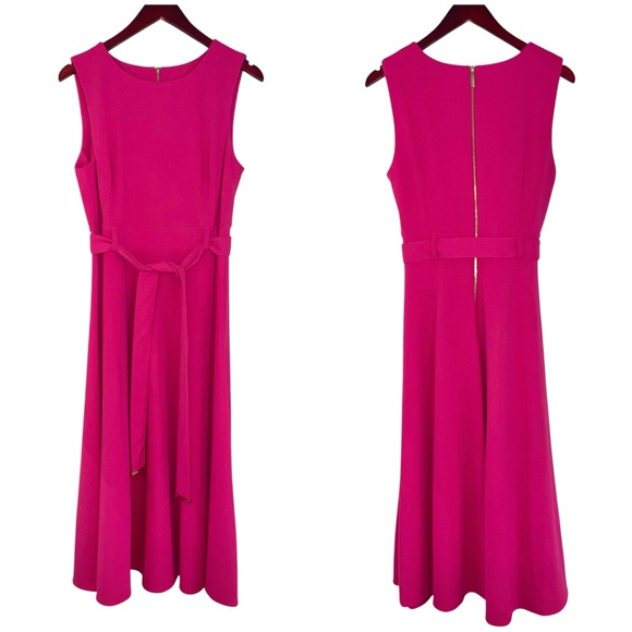 Calvin Klein A-line fit & flare belted ponte dress midi sleeveless pink 10 - Picture 2 of 6